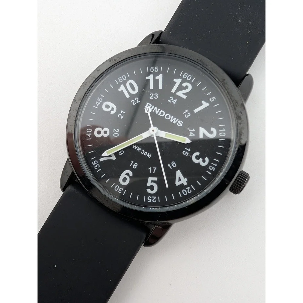 Pindows Watch Men 38mm Case Black Silicone Band- New Battery